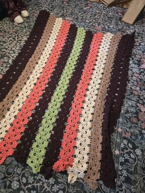 Vintage Handmade Crochet Afghan Blanket – Brown, Orange & Avocado Green, 58x74
